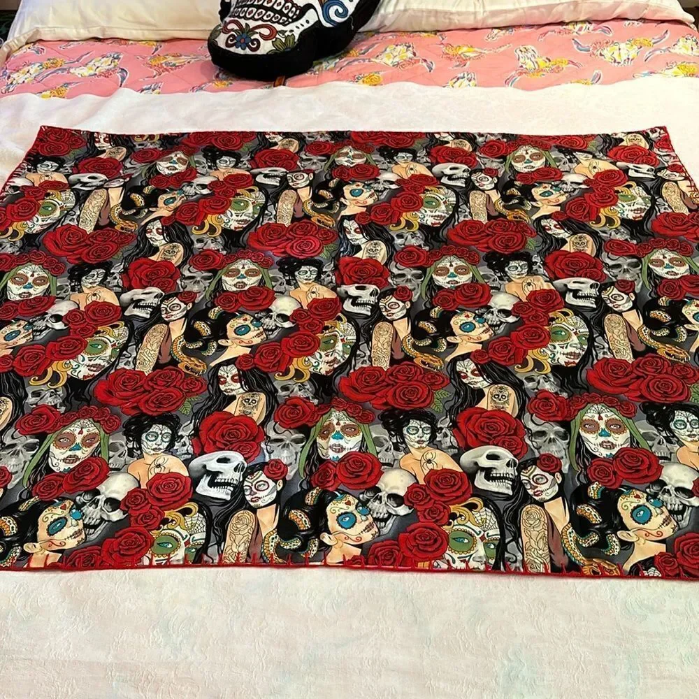 Tapestry Small Blanket Hand Embellished Sugar Skulls Cactus Hand Crocheted